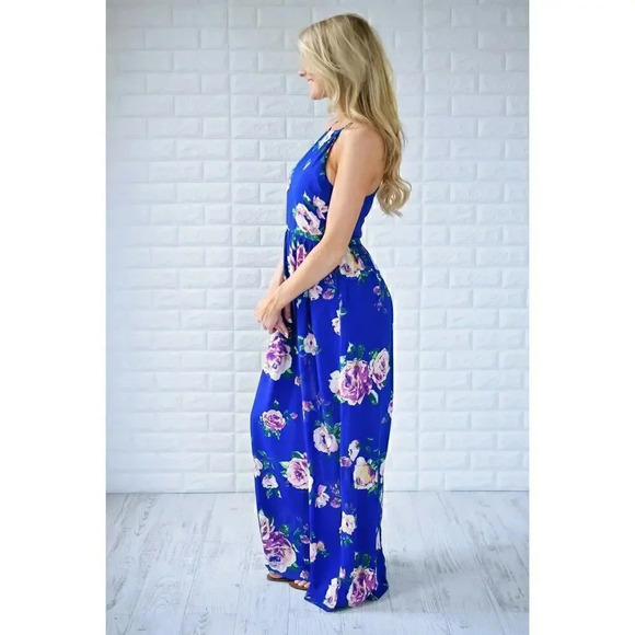 Everly Sleeveless Floral Maxi Dress Electric Blue Size M - Picture 3 of 11